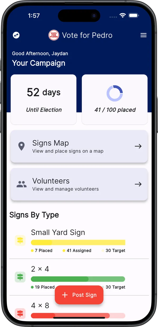 Screenshot of Elect Help Mobile App dashboard